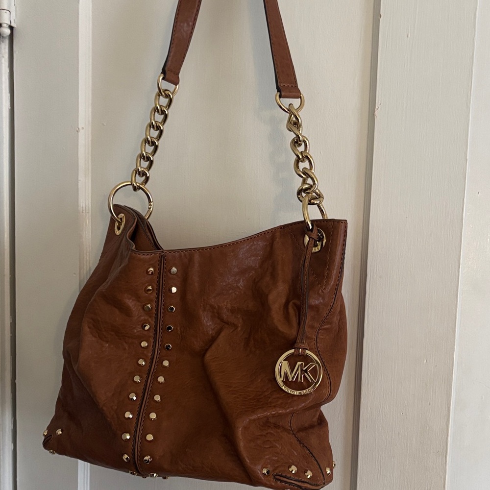 Michael Kors Chestnut Leather Shoulder Bag with Gold Accents